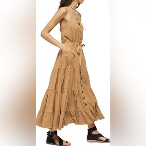 Tan Button-Front Tiered Pinafore Midi Dress 🌿 XS